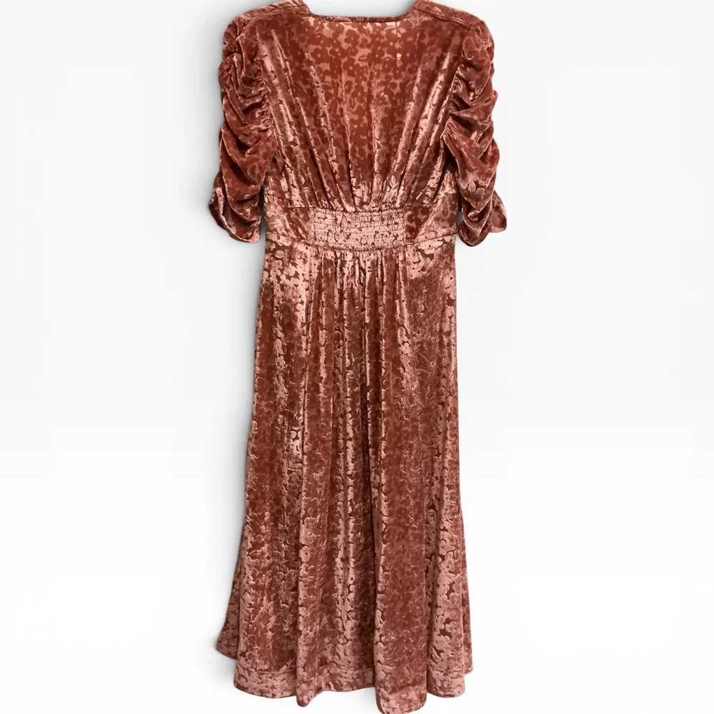 Free People Crushed Velvet Floral Midi Dress Open Front Burnout Puff Sleeve S